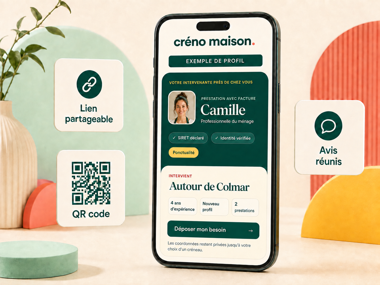 Exemple fictif d’un profil professionnel Créno Maison affiché sur un smartphone, fidèle au design et au logo du site avec lien partageable, QR code et avis réunis