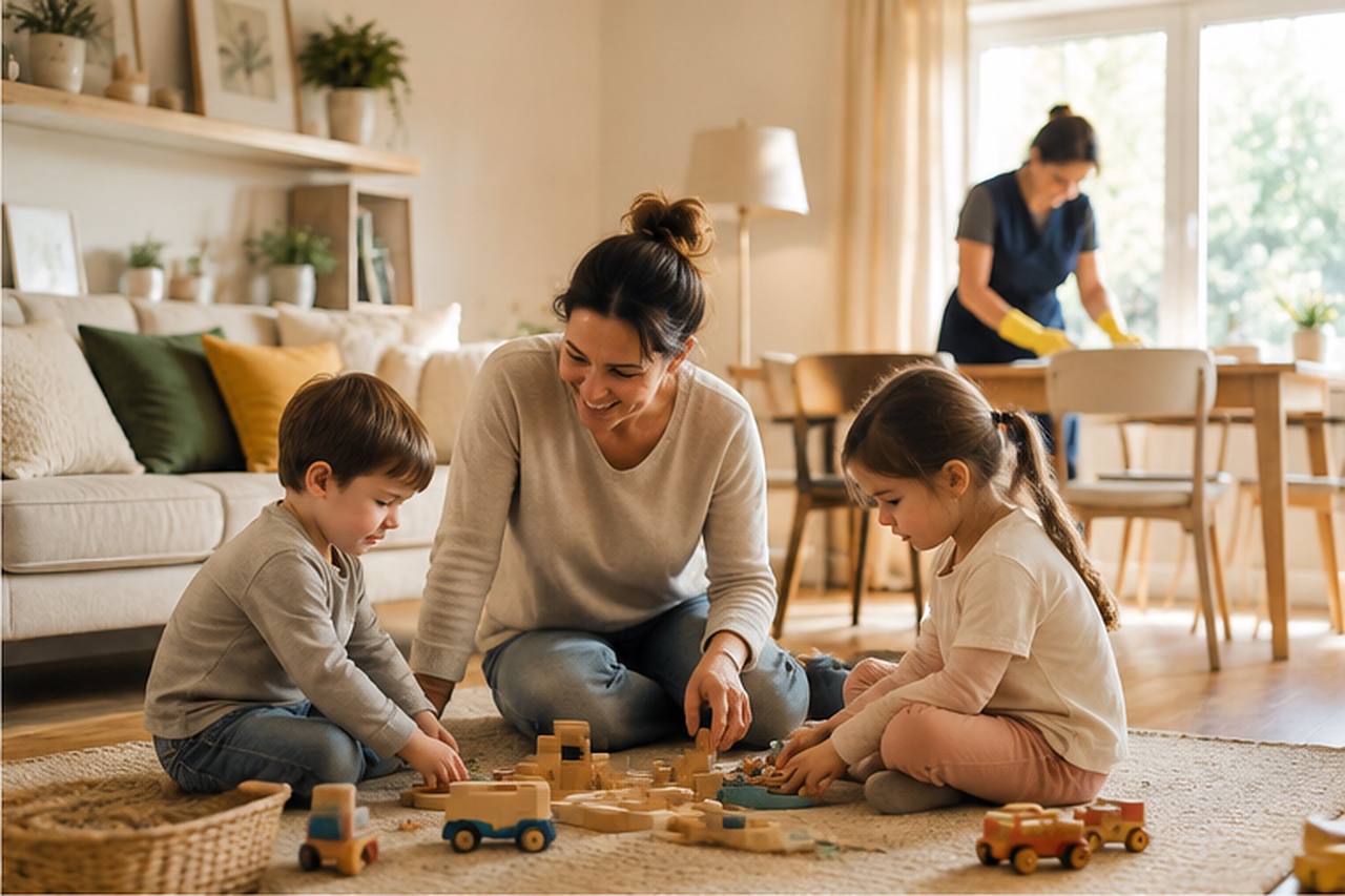 Une famille joue dans le salon pendant qu’une intervenante effectue le ménage en arrière-plan